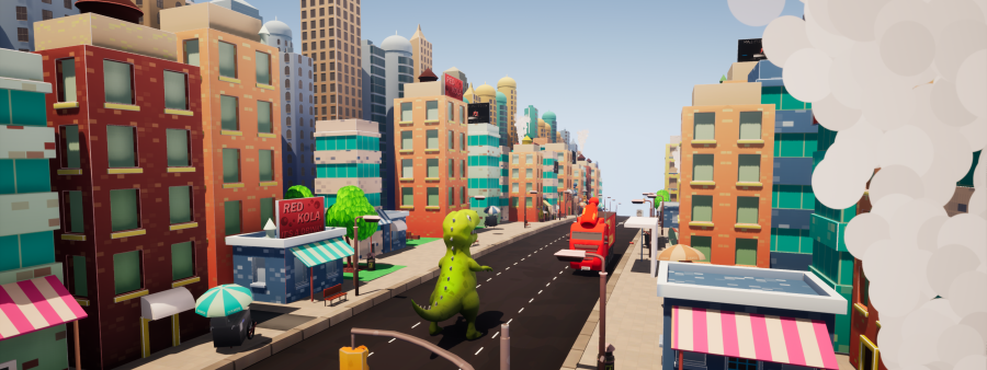 The image shows a computer generate dinosaur walking through a built up cityscape. 