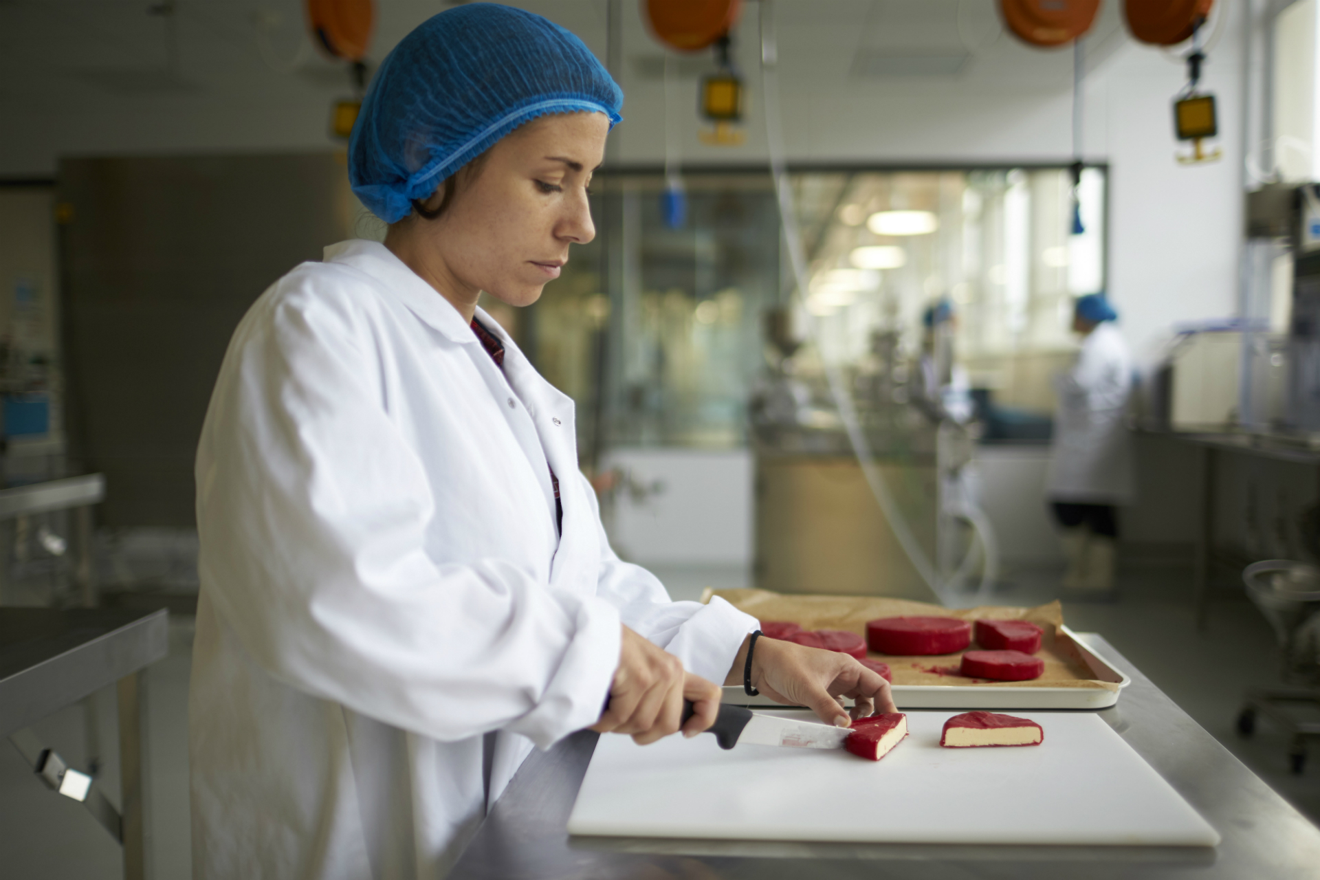 Student in food labs cutting fruit