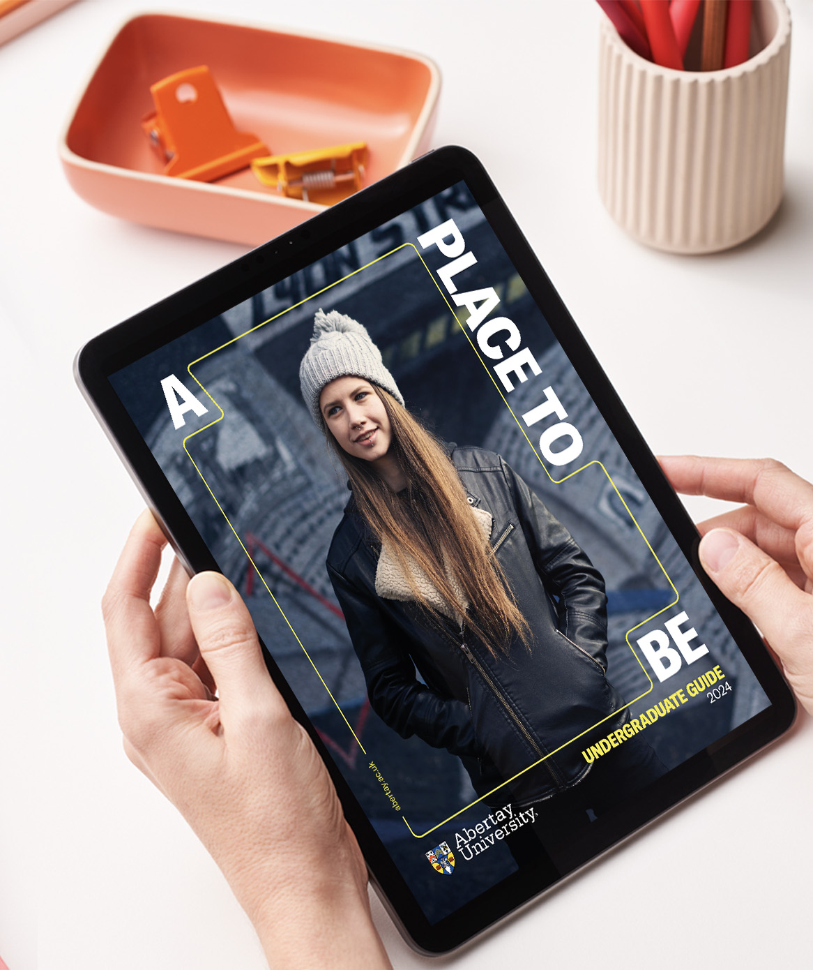 the Abertay Undergraduate Guide on an iPad