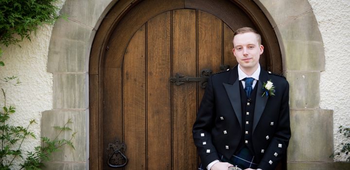 A picture of Grant Douglas in a kilt on his wedding day