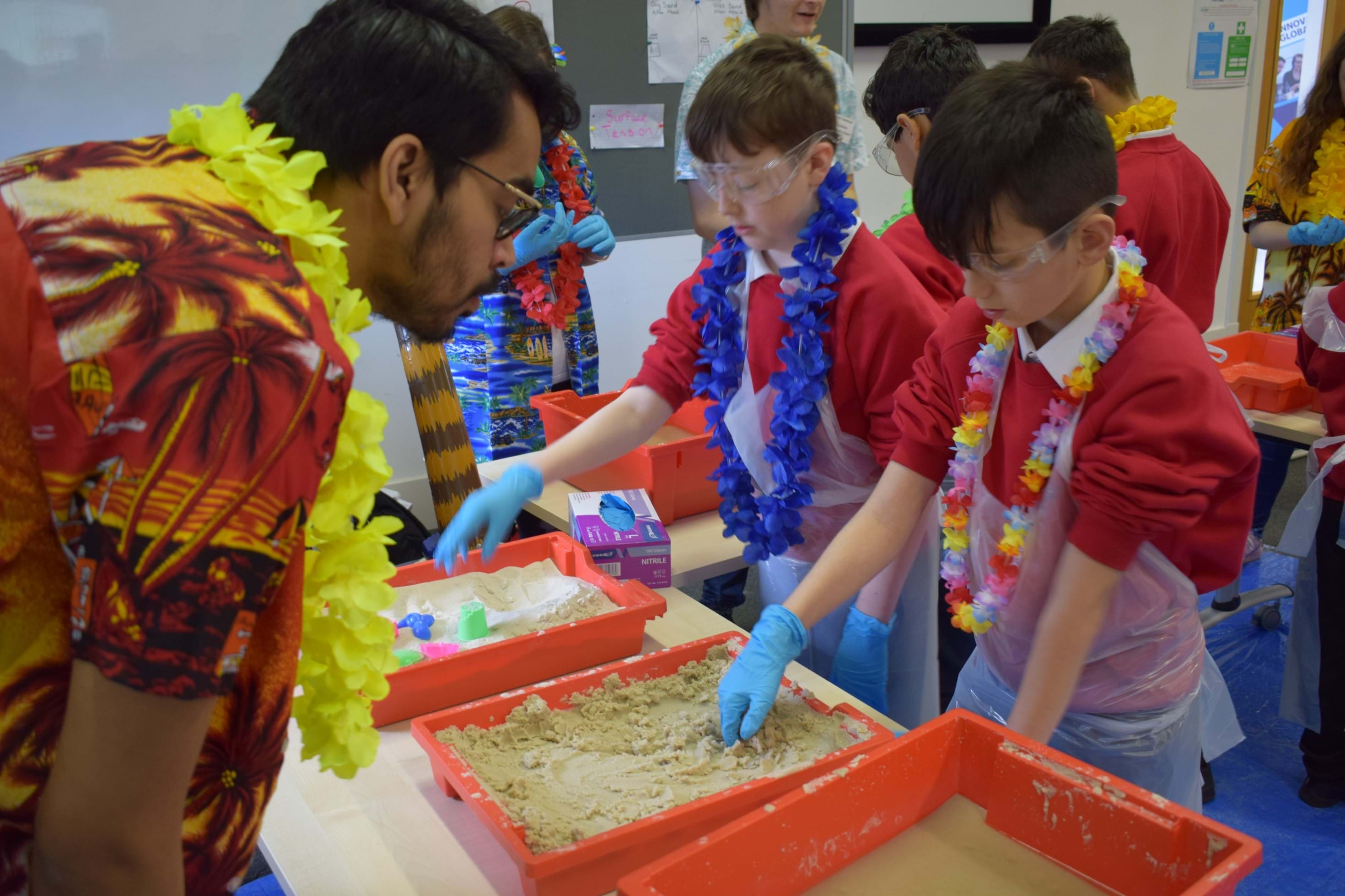 Children from Rosebank Primary learn about the science of sandcastle building