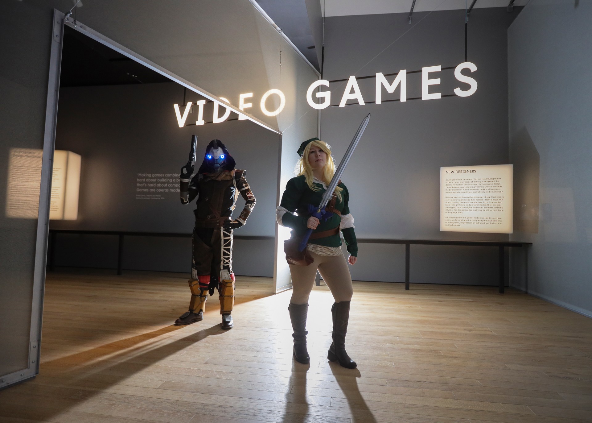 People dressed up as videogames characters inside the V&A