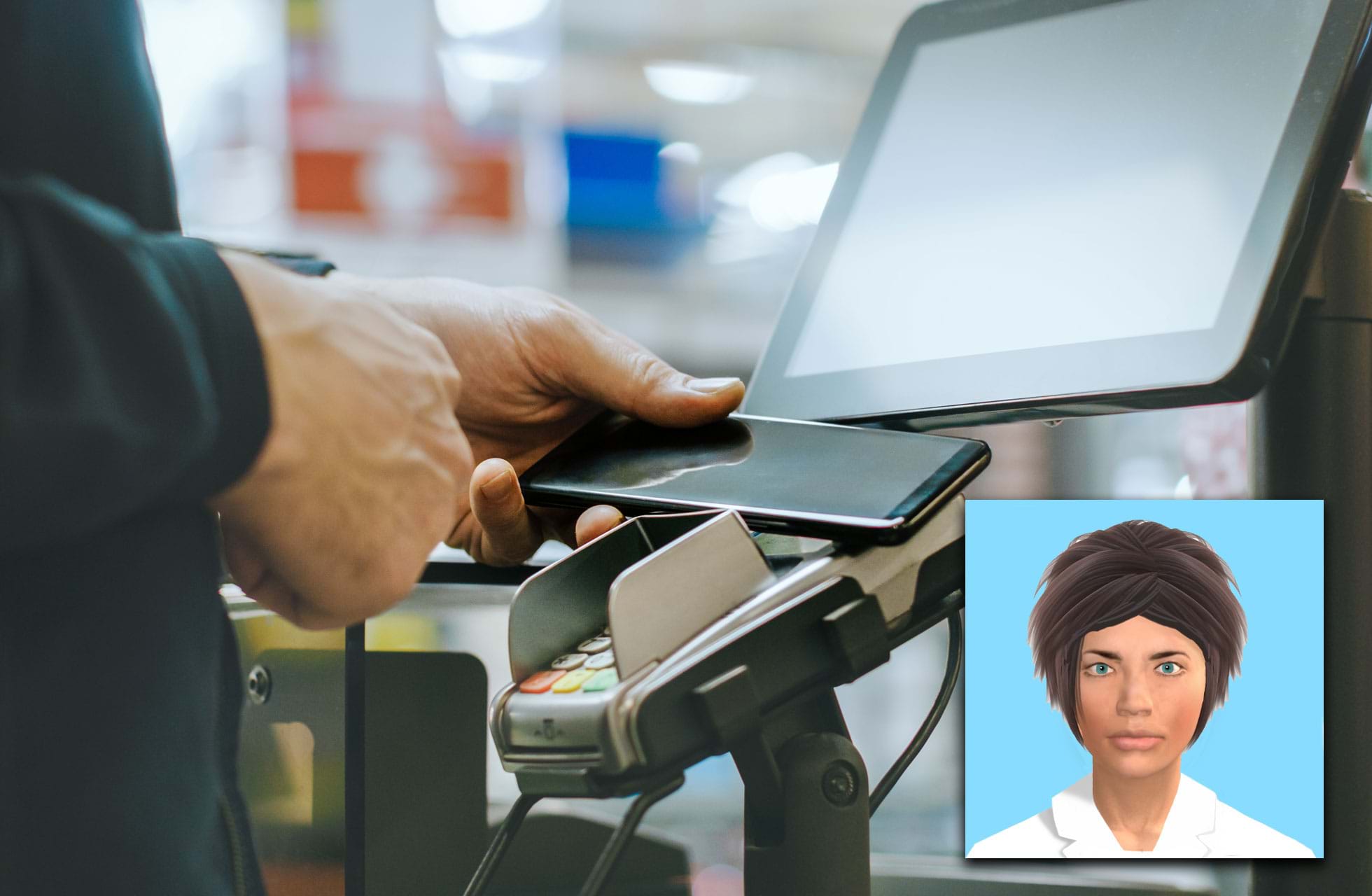 A picture of a self-scan checkout, with a digitised face 