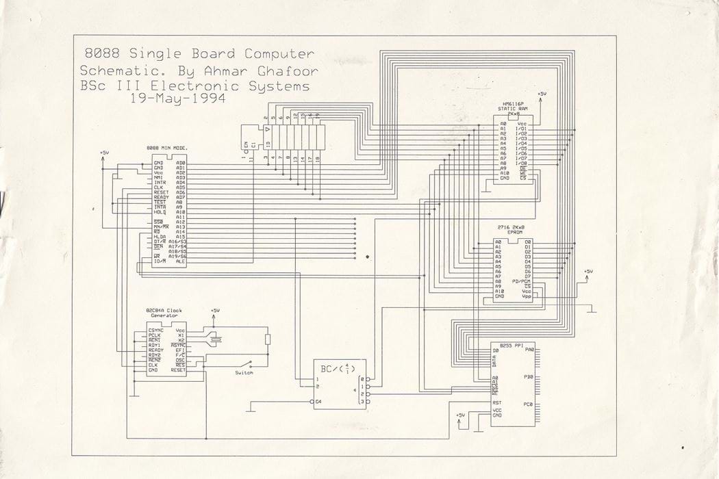 8088 single board computer schematic by mechatronics student, Ahmar Ghafoor, Abertay University 1994 