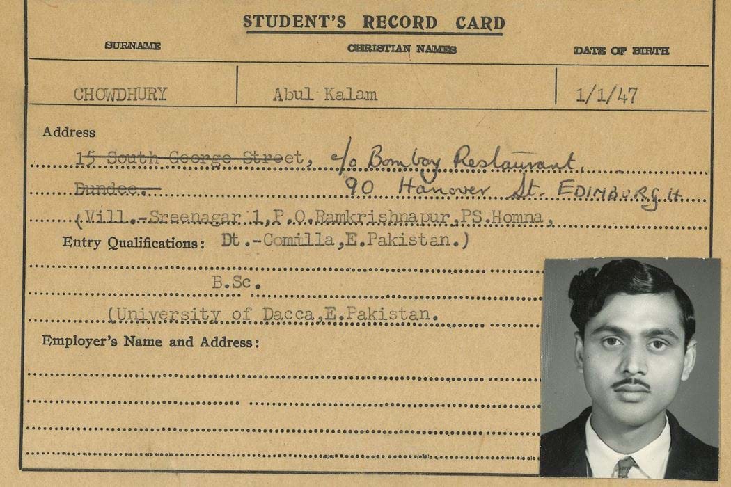 Student record card of Abul Kalam Chowdhury, student from Calcutta at the Dundee Institute of Technology (Abertay University) 1947. includes black and white photograph. 