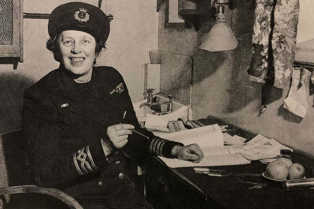 Victoria Drummond, former female student of Dundee Technical College (Abertay University)  in her cabin on board the SS Markab, 1953, in uniform. 