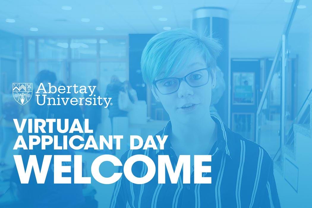 Welcome to Abertay's Virtual Applicant Day! The welcome video's thumbnail is of a duotone image of an abertay student Shanna Maxwell.