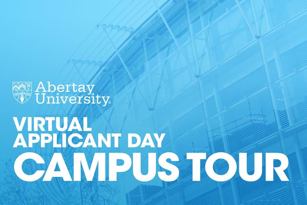 Welcome to Abertay's Virtual Applicant Day! The campus tour video's thumbnail is of a duotone image of the Bernard King library, an important part of the Abertay University campus.