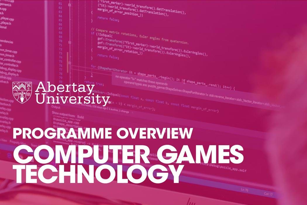 The thumbnail image for the Computer Games Technology programme overview is a close up of a computer monitor with Visual Studio open and C# code on screen.