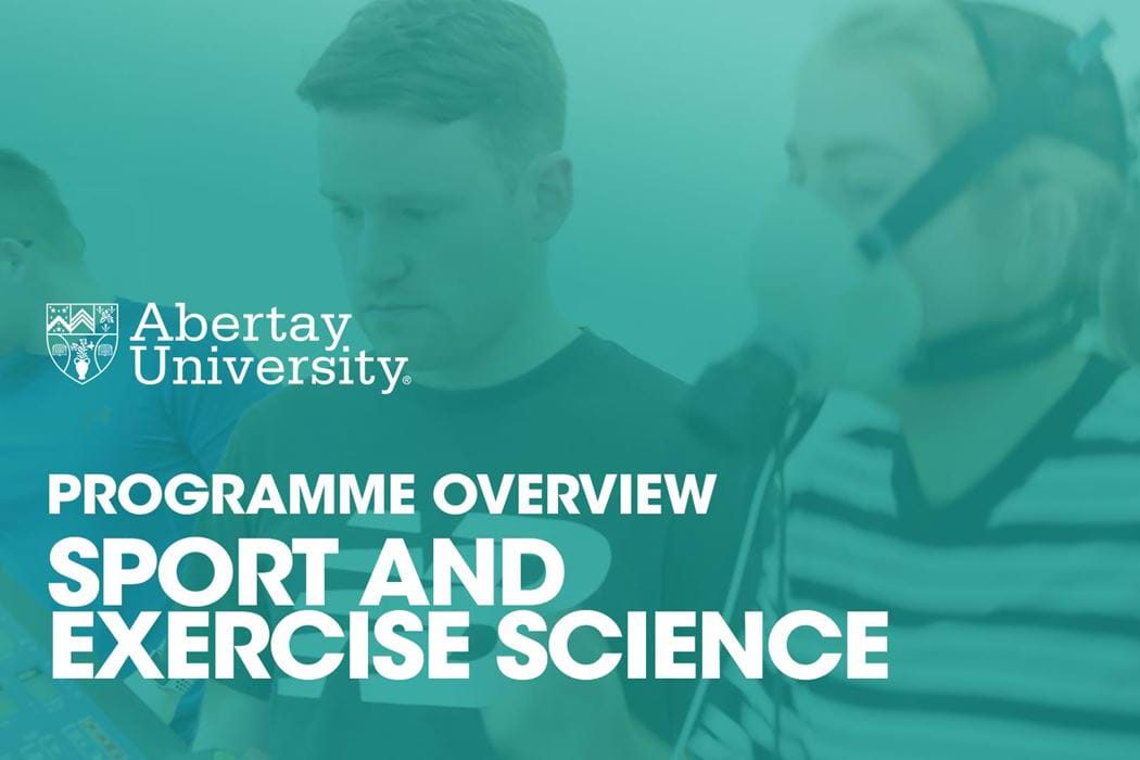 The Sport and Exercise (Sciences) Programme video thubnail is of three students, one of which is wearing a respiratory mask and the pther two seem to be doing some sort of analysis.