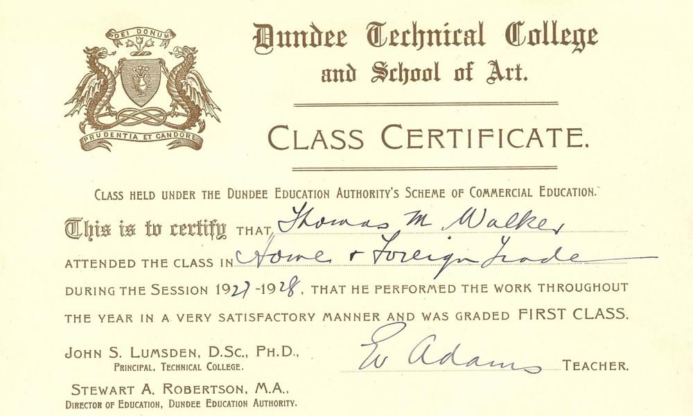 Dundee Technical College Home and Foreign Trade Course Certificate