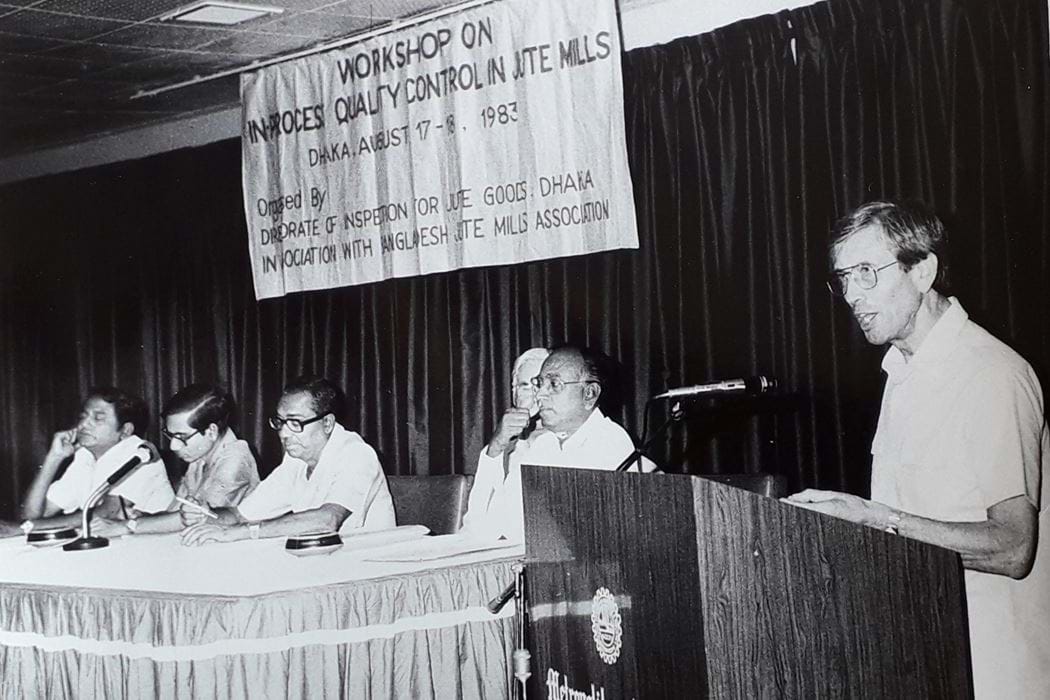 Jim Gordon speaking at a Jute Manufacturing Workshop in Bangladesh in 1983