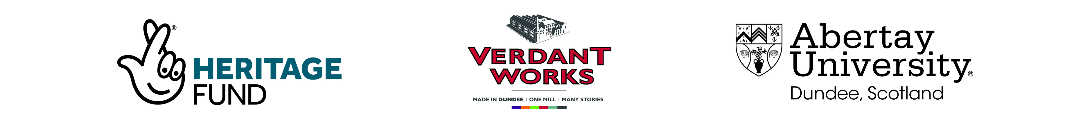 Three Logos. The Heritage Fund, Verdant Works, and Abertay University.
