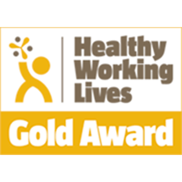 Healthy Working Lives gold award logo stylised figure holding fruit