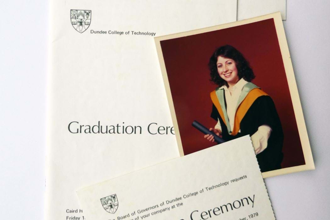 Jenny McNeill Graduation Photo with invitation, programme, and Ball ticket