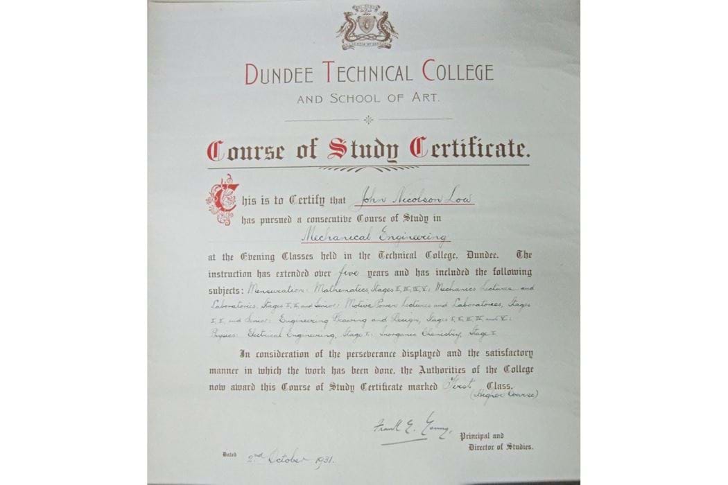 Dundee Technical College Mechanical Engineering Certificate 