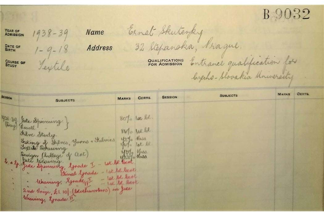 Student Register of Ernst Skutesky Czech Student 1938-39