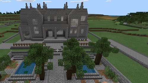 The image shows Garrison House recreated in Minecraft