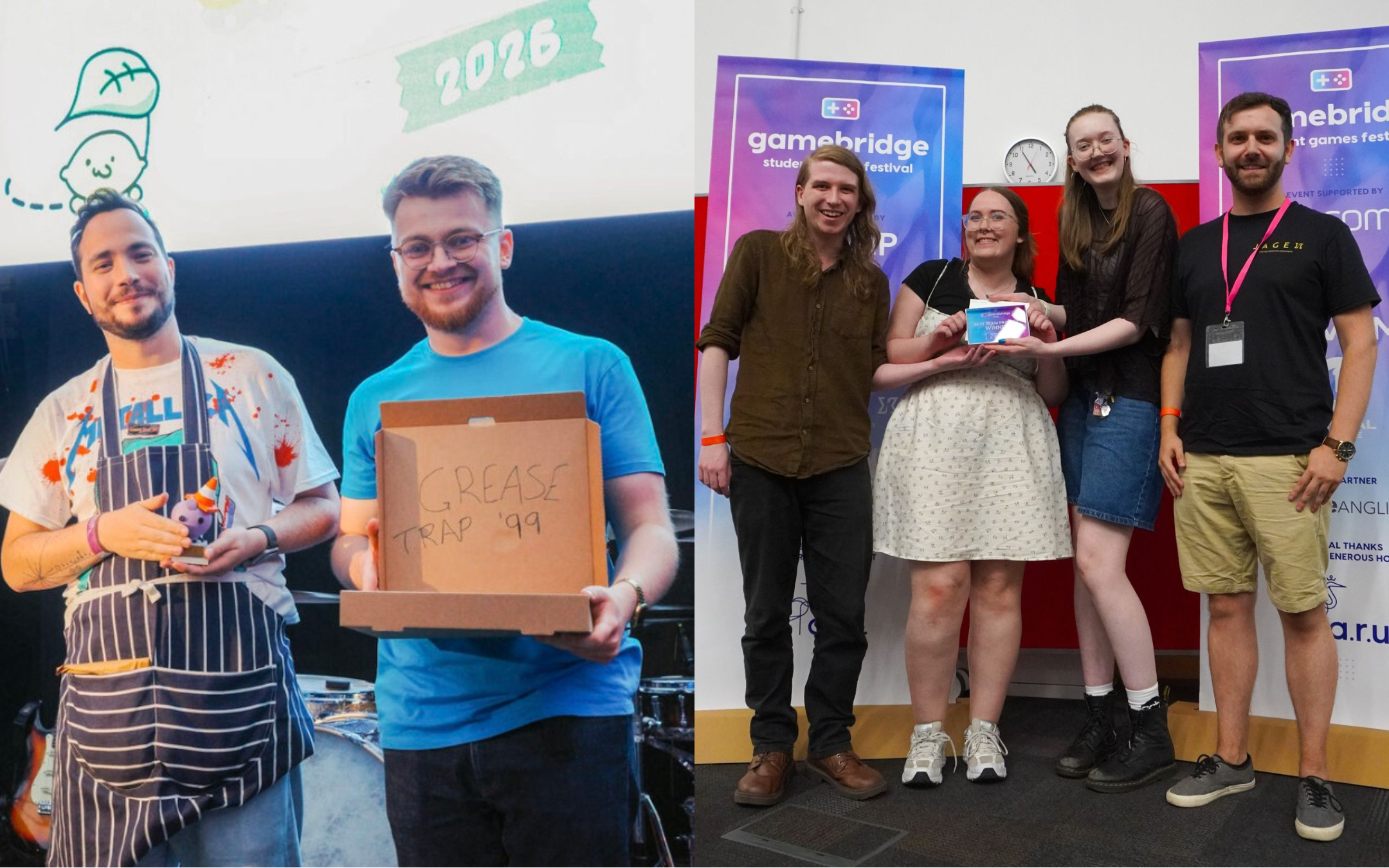A collage: on the left, Abertay graduate James Muirhead accepts their Best in Show award at the Glasgow Indie Games Festival. James is dressed in a chip shop uniform in reference to their game, Grease Trap '99. On the right of the collage, three members of Riverboat Games accept their Best Team Project award on stage at Gamebridge. They are joined on stage by the award host. All of them smile to the camera.