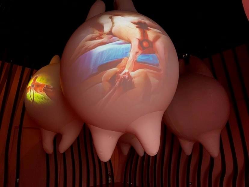 The image shows a giant blow up artwork shaped like an udder suspended from a roof with images projected on to it.
