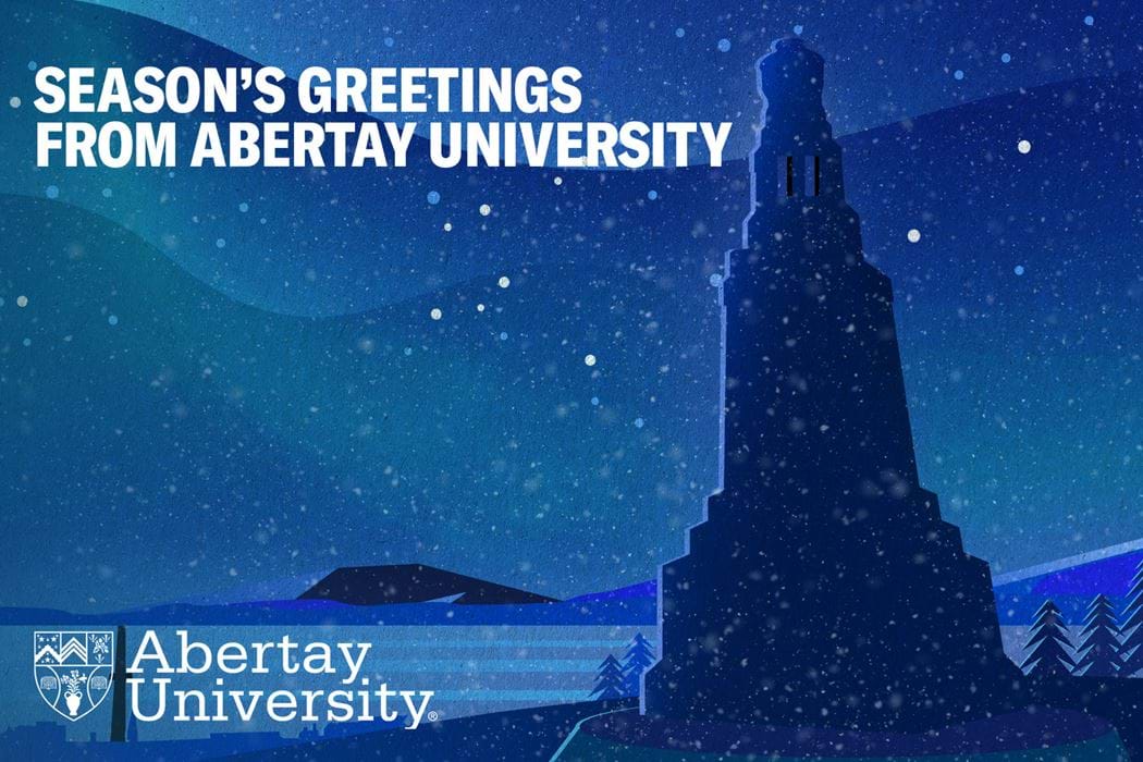 Season's Greeting from Abertay University - Cartoon landscape of Dundee skyline with falling snow. 