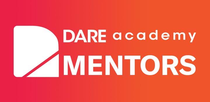 DARE academy mentors written in white on a red to orange gradient background