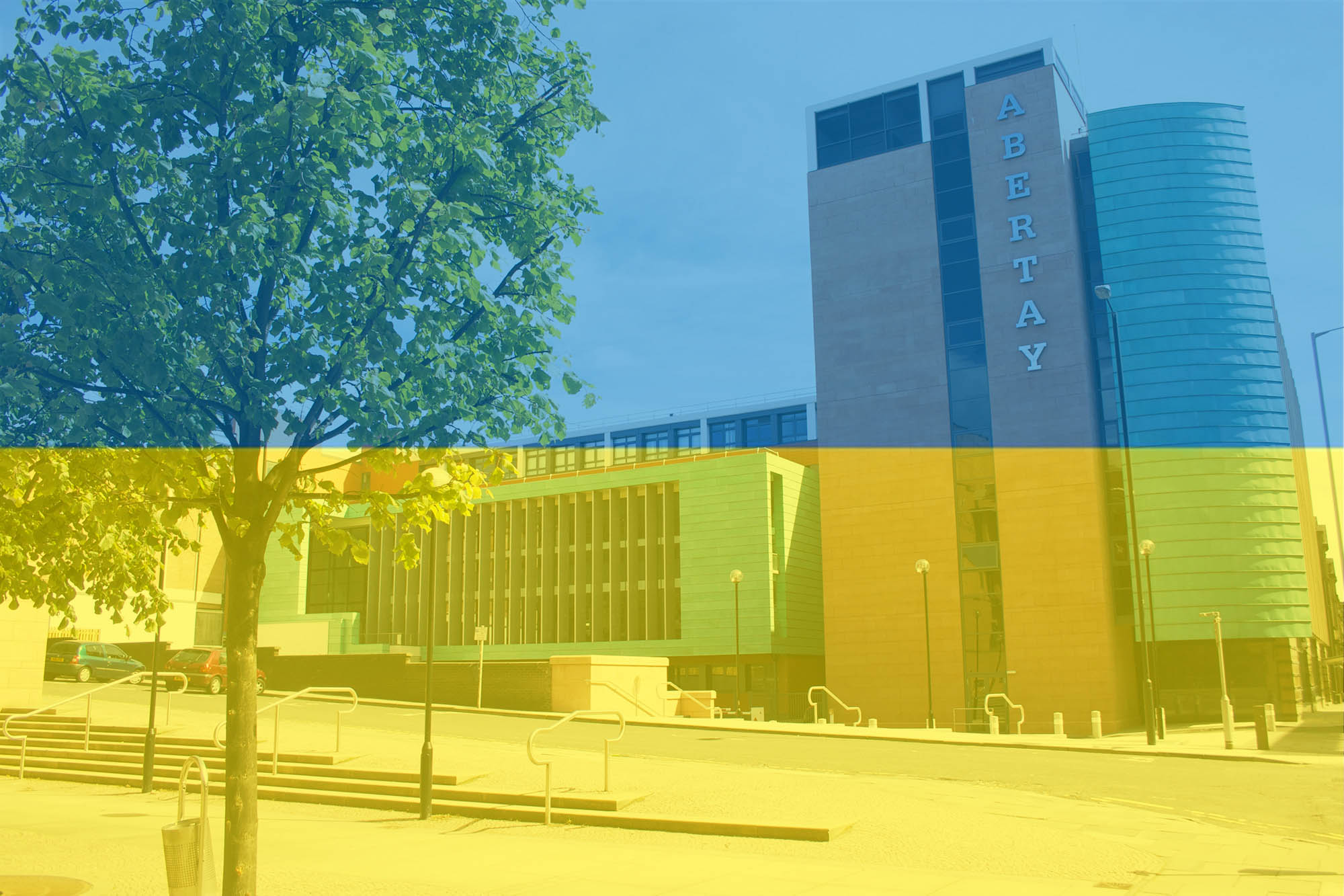 Abertay campus with Ukrainian flag overlayed 
